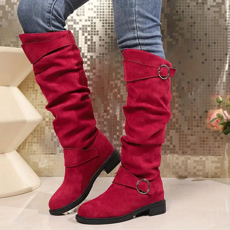 🎄Early Christmas Sale 55% Off❤️ Women's Buckle Belt Pull On Chunky Heel High Knee Boots, Winter Round Toe Slouchy Boots