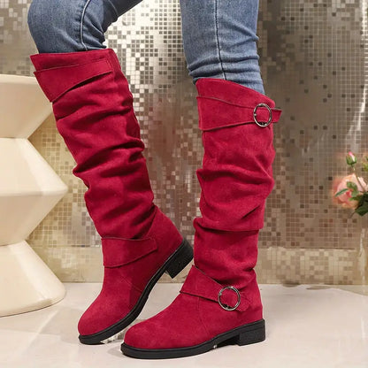 🎄Early Christmas Sale 55% Off❤️ Women's Buckle Belt Pull On Chunky Heel High Knee Boots, Winter Round Toe Slouchy Boots