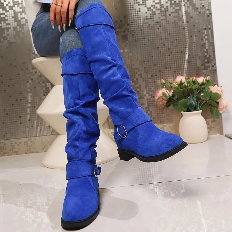🎄Early Christmas Sale 55% Off❤️ Women's Buckle Belt Pull On Chunky Heel High Knee Boots, Winter Round Toe Slouchy Boots