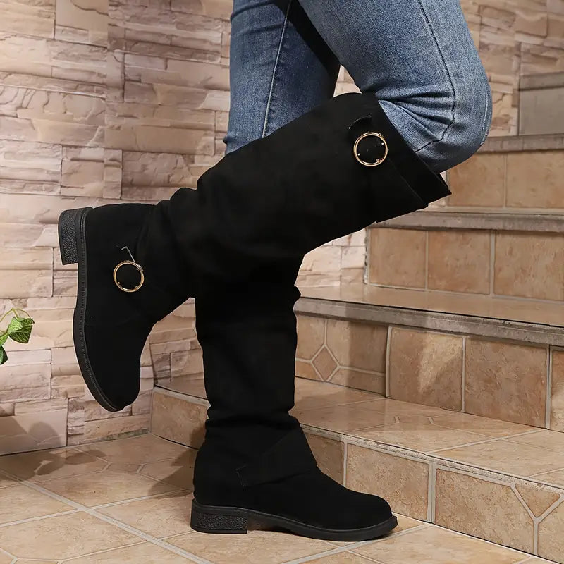 🎄Early Christmas Sale 55% Off❤️ Women's Buckle Belt Pull On Chunky Heel High Knee Boots, Winter Round Toe Slouchy Boots